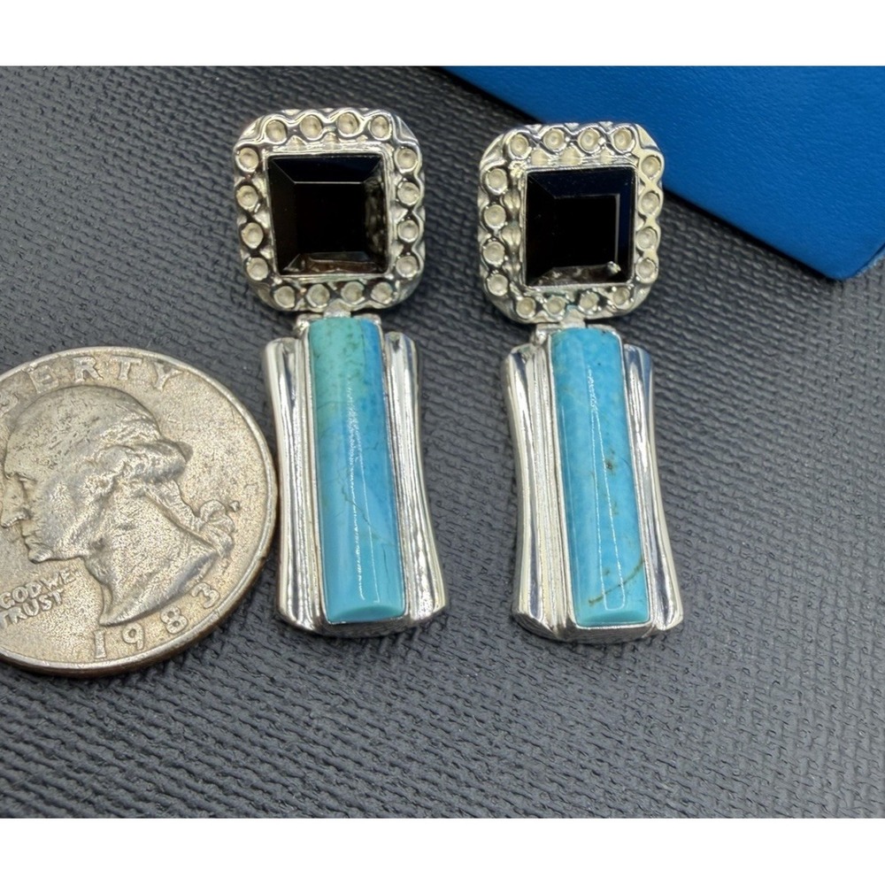 Sterling Silver Turquoise Smoky Topaz Dangle Earrings Southwestern Statement 925 - Picture 10 of 14